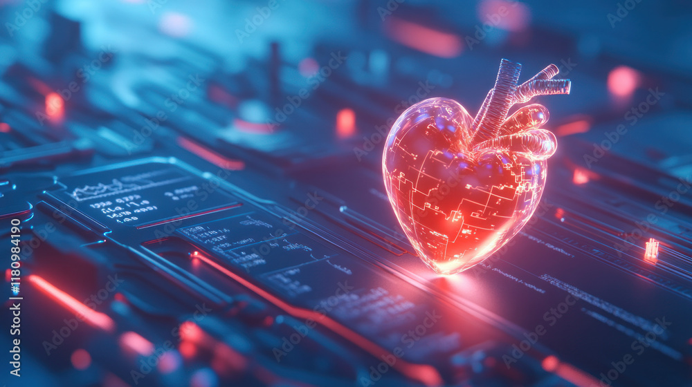 Poster glowing heart symbolizing technology and health on circuit board