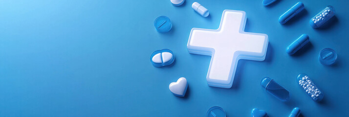 Obraz premium Medical cross symbol surrounded by various blue and white pills