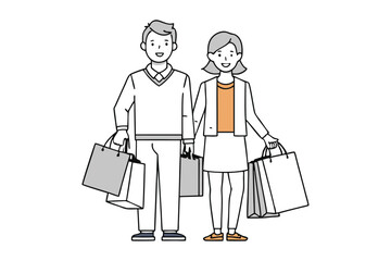 Line art drawing couple shopping together, smiling and carrying shopping bags.eps