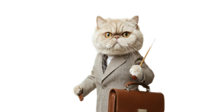 Professional Cat in Business Suit Holding Briefcase and Pointer, Funny Pet Character Representing Corporate World and Office Life