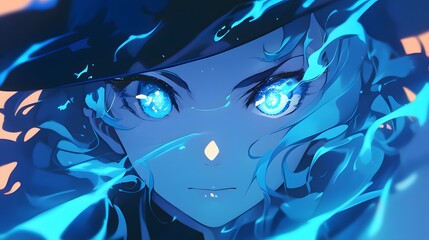 Anime character with intense glowing eyes and captivating magic effects