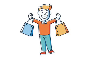 Line art of a man holding multiple shopping bags with excited expression