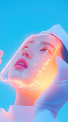woman with glowing face shield gazes upward, surrounded by blue light