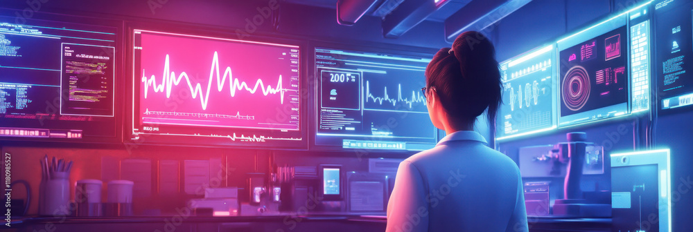 Aufkleber scientist analyzes data in high tech lab with glowing screens
