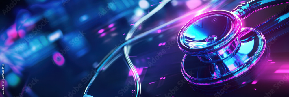 Poster vibrant stethoscope rests on reflective surface, illuminated by colorful lights, symbolizing healthc