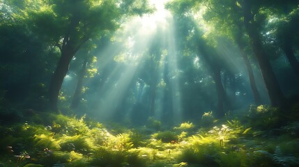 Obraz premium Sunbeams illuminating lush green forest floor.
