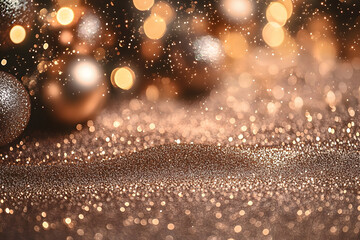 Christmas brown and gold luxury abstract bokeh background. Blurred glitter lights and sparkles. Magic festive backdrop for holiday, birthday, New Year, Christmas. Mocha mousse - color 2025