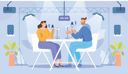 On-air podcast session illustration, featuring microphone and lighting for a professional recording environment.