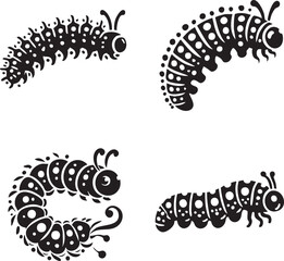 Elegant Silhouettes of the Black-spotted Caterpillar Isolated on a White Background in Monochrome Art Style