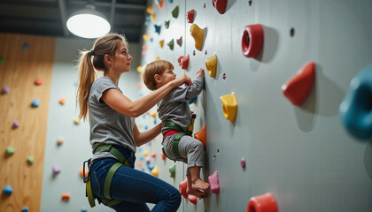 Mother helping child climb wall at indoor climbing gym