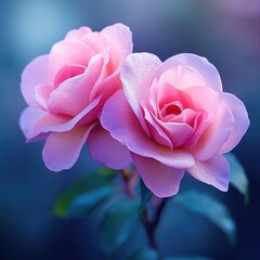 Fototapeta premium Beautiful Pink Roses with Dew Drops on Petals in Soft Focus Background for Elegant Floral Decor and Nature Photography