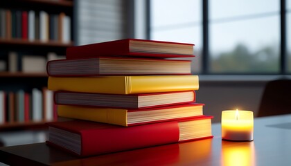 Fototapeta premium Serene Ambience: A Flickering Candle Illuminates a Stack of Teal and Turquoise Books on a Light Wooden Desk