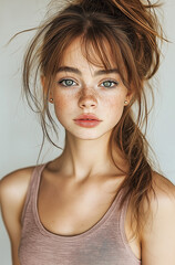 Naklejka premium Headshot Portrait of a Young Woman with Dark Brown Hair, Light Freckles, and Makeup – Sleek Ponytail and Confident Expression on a Minimal Beige Background