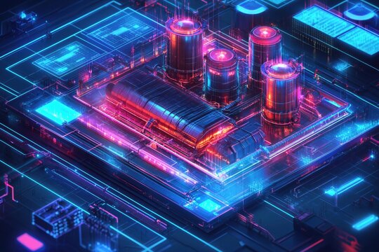 Futuristic Digital Data Center with Neon Lights and High-Tech Energy Storage Systems