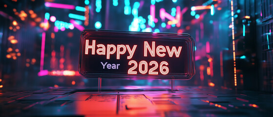 Laser-etched "Happy New Year 2026" glowing in a dark neon-lit space-3