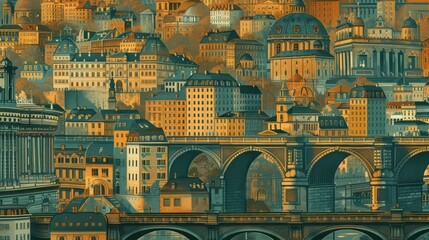 Obraz premium A vibrant cityscape with intricate buildings and bridges.