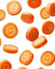 Fresh and Vibrant Slices of Carrots Floating Against a White Background, Perfect for Healthy Eating Concepts and Vegetarian Recipes
