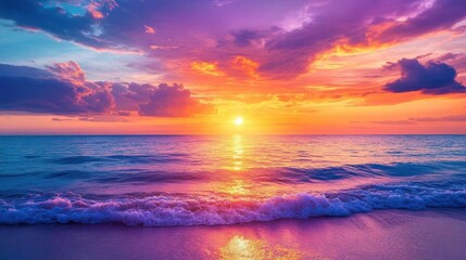A vibrant sunset over the ocean, reflecting colorful hues on the water.