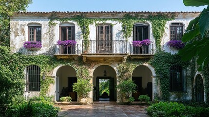 Fototapeta premium A beautifully preserved colonial-era building with arched doorways, balconies, and ivy-covered wall