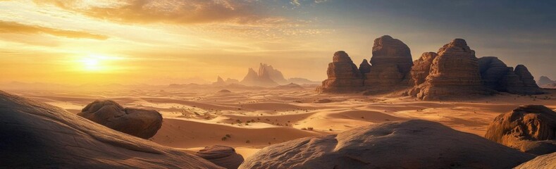 Stunning sunset over the desert landscape of Saudi Arabia.