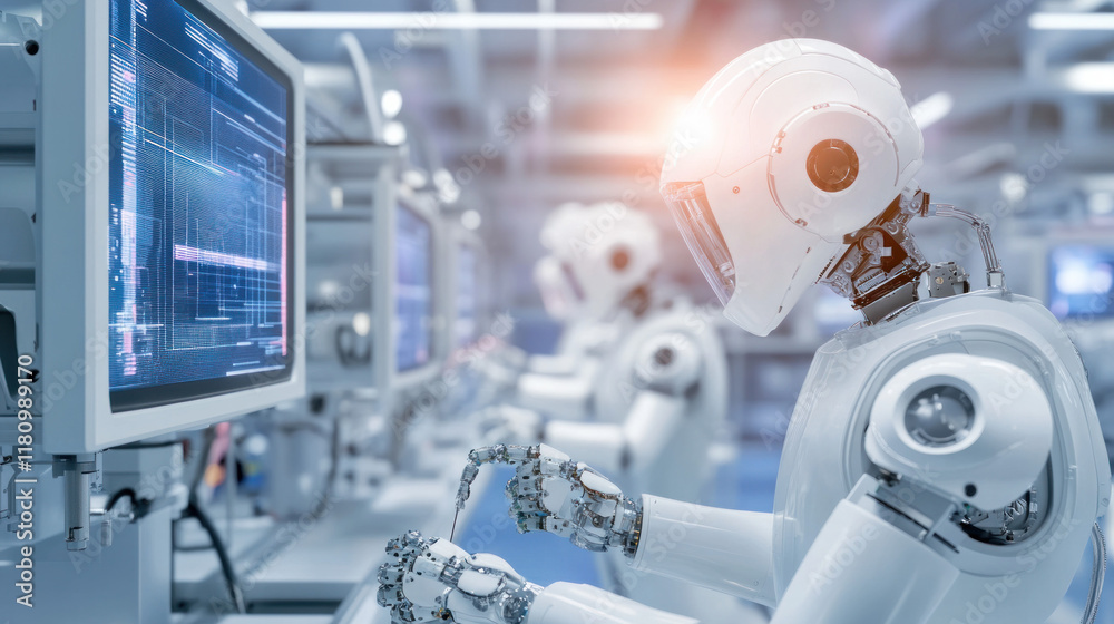 Poster Robots working on computers in futuristic environment, showcasing technology and innovation