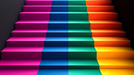 Colorful Rainbow Stairs: Abstract Architecture, Modern Design, Vibrant Colors, Geometric Pattern, Creative Visual Background