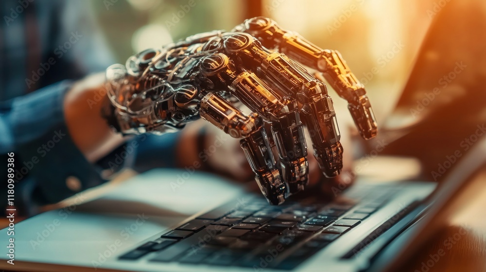 Poster futuristic robotic hand typing on laptop keyboard in modern environment