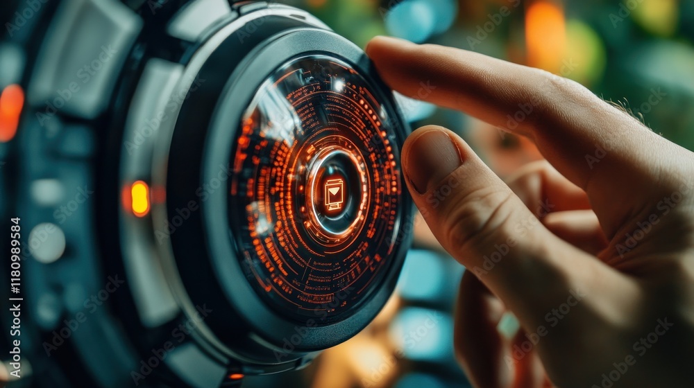 Poster Futuristic Technology Interface with Hand Reaching for Button