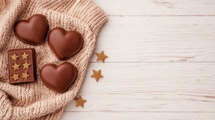 Fototapeta premium Delicious Chocolate Hearts and Box on Cozy Knit Blanket in Soft Brown Color for Romantic Moments and Celebrations