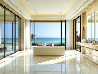 Fototapeta premium From a wide-angle view on a sunny summer day, luxury and modern hotel's beach bathroom exudes opulence and relaxation, with its sleek design, sparkling clean facilities, and panoramic ocean vistas, c