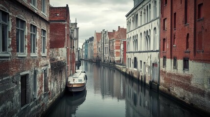A serene canal scene with historic buildings and a boat in a city.