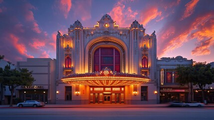 A beautifully restored Art Nouveau theater, with its ornate facade and glowing marquee lights at dusk. --ar 16:9 --style raw --stylize 250 --v 6.1 Job ID: 80f3d79e-c42a-4c27-849a-de6216f1abd6