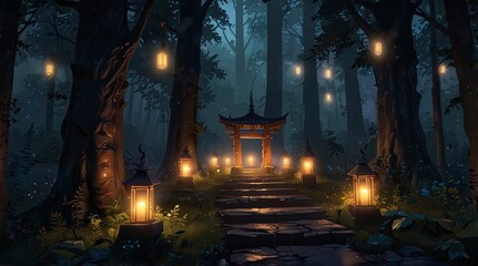 Enchanting Lanterns Illuminate A Forest Shrine Path
