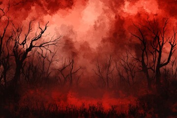 Red sky, dark forest, spooky, Halloween.