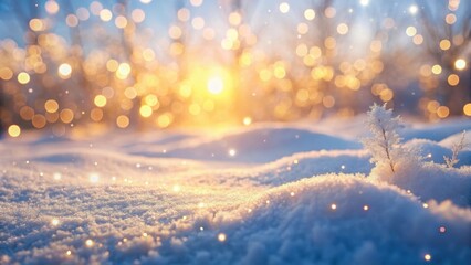 Snowy abstract winter landscape with soft golden lights and delicate icy textures, evoking a sense of calmness and serenity , bokeh