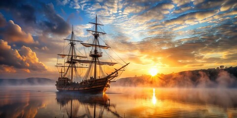 Obraz premium A majestic pirate ship sails through the misty dawn, its wooden hull glistening with dew as the sun rises above the horizon