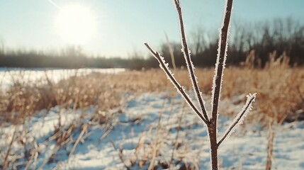 Frost-Covered Branch in Winter Landscape Under Bright Sunlight