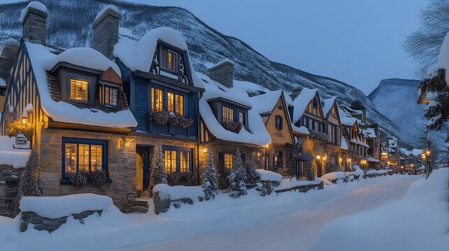 Snow-covered village street at twilight.