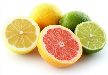 Fresh Citrus Fruits Displayed on a Bright Background Featuring Slices of Lemon, Lime, Grapefruit, and Orange for Culinary and Healthy Lifestyle Concepts