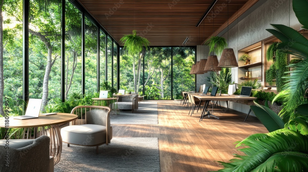 Poster modern workspace featuring large windows and abundant greenery