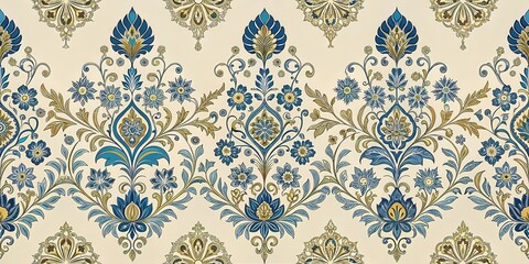 Obraz premium Classic Turkish-inspired damask pattern with gold and blue floral motifs on a cream background, floral, gold, floral