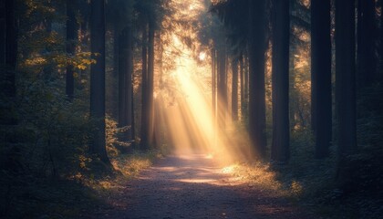 Fototapeta premium A serene forest path illuminated by rays of sunlight.