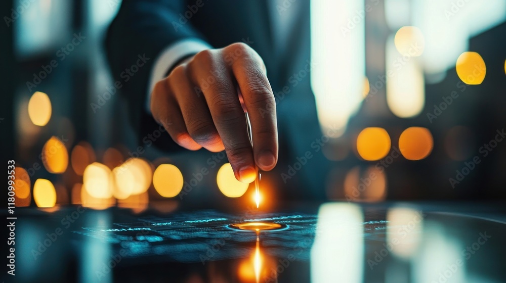 Poster businessman using touchscreen technology in modern office setting