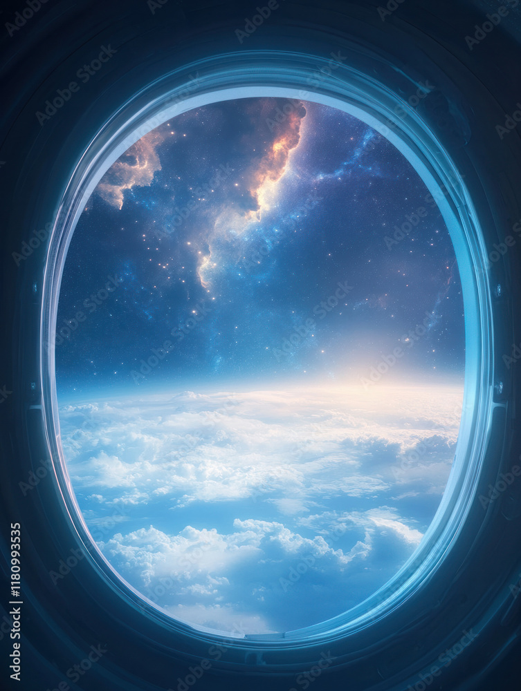 Poster stunning view of space through spacecraft window, showcasing clouds and stars. cosmic colors evoke s