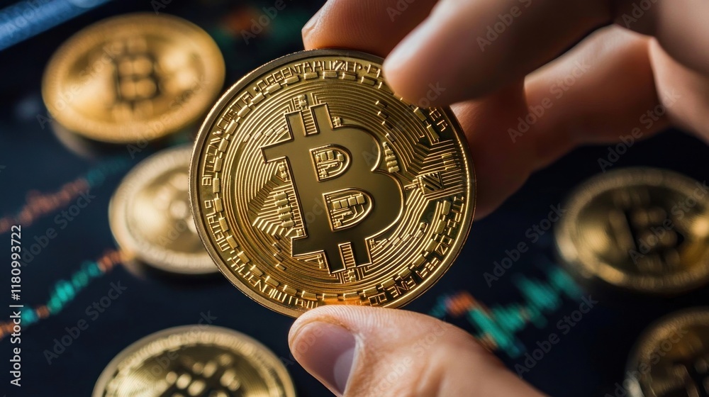 Poster close-up of hand holding bitcoin with digital currency background