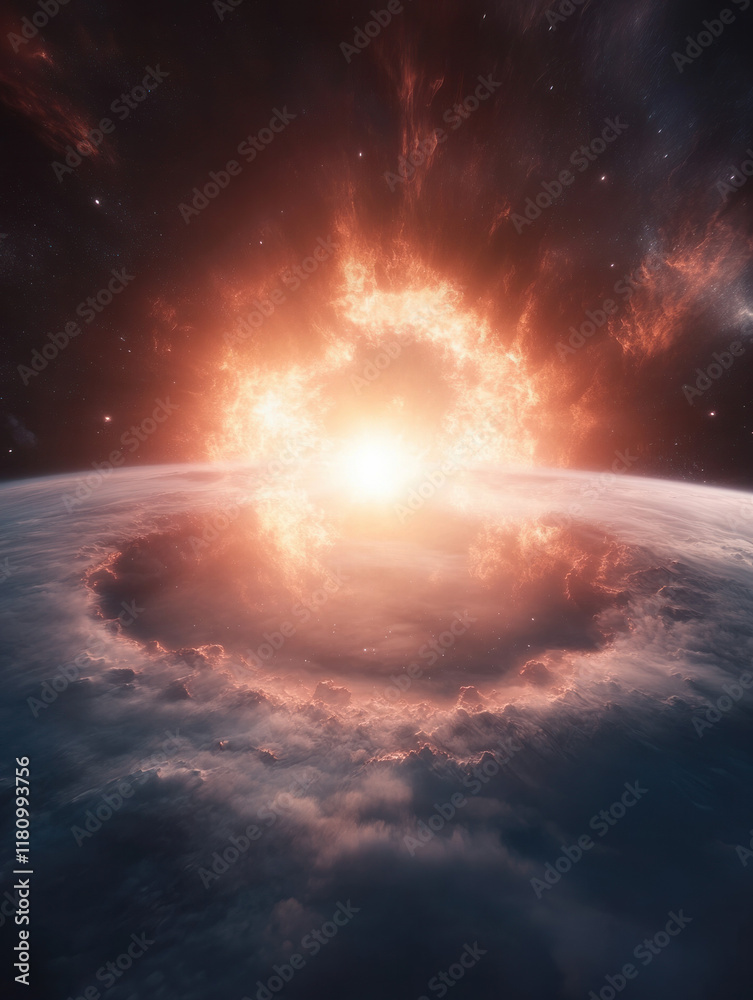 Poster stunning cosmic explosion illuminates dark space, creating fiery ring around planet. scene captures 