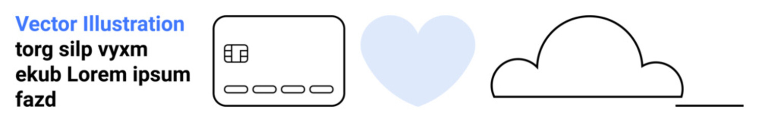 Credit card with four icons, blue heart shape, and outlined cloud. Ideal for online payment, digital transactions, tech affection, cloud computing, fintech ecommerce data storage. Landing page