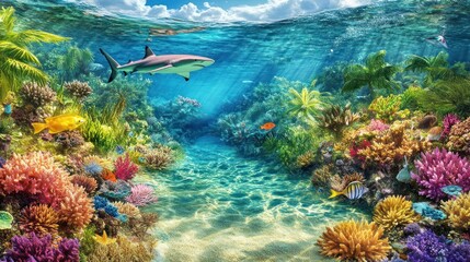 Naklejka premium Vibrant Underwater Paradise: A Coral Reef's Serenity