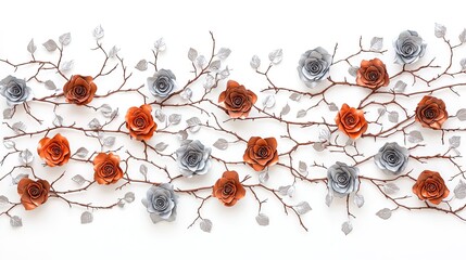 Decorative Arrangement of Handmade Paper Roses in Silver, Orange, and Nature Inspired Design