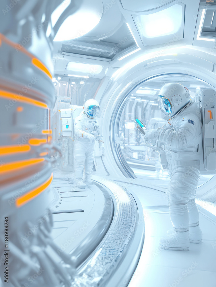Poster astronauts in futuristic space station, exploring advanced technology